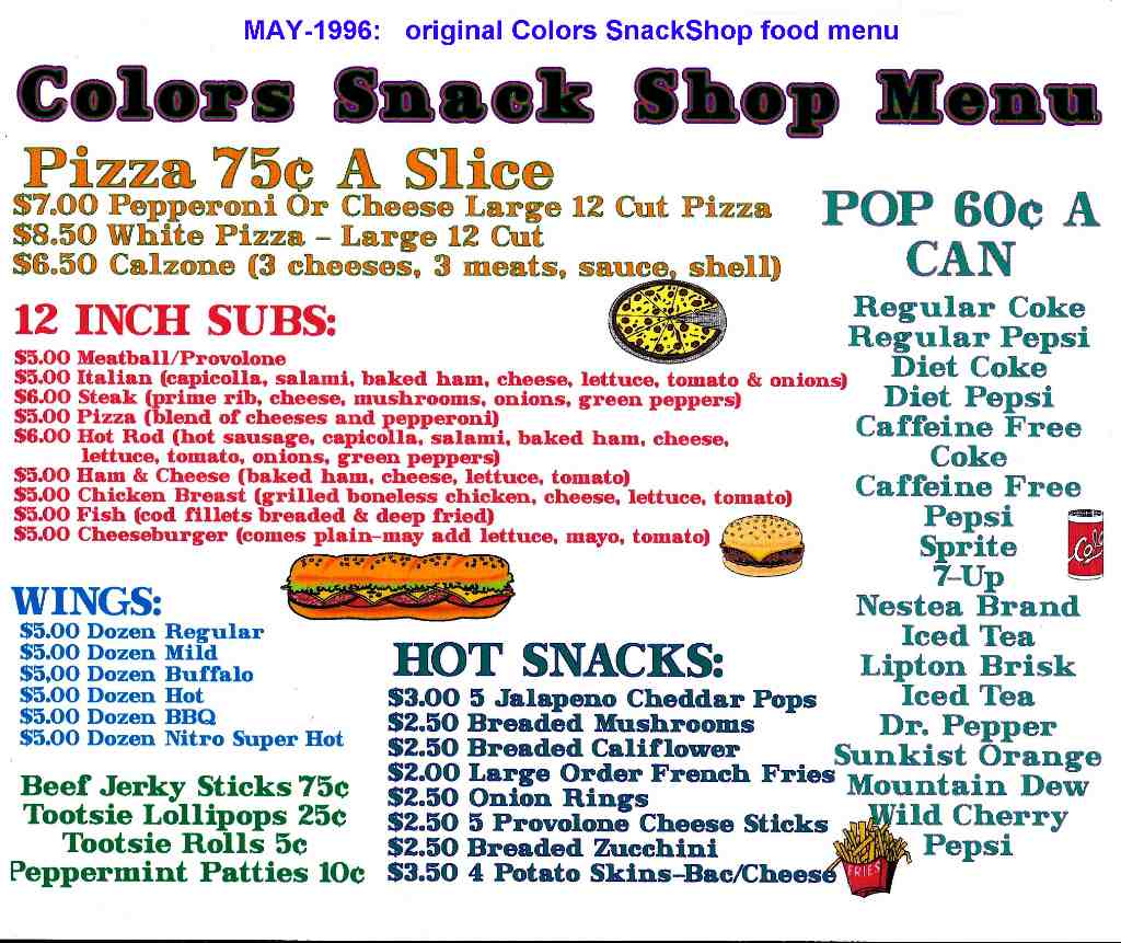 Original Colors Snackshop food menu MAY-1996